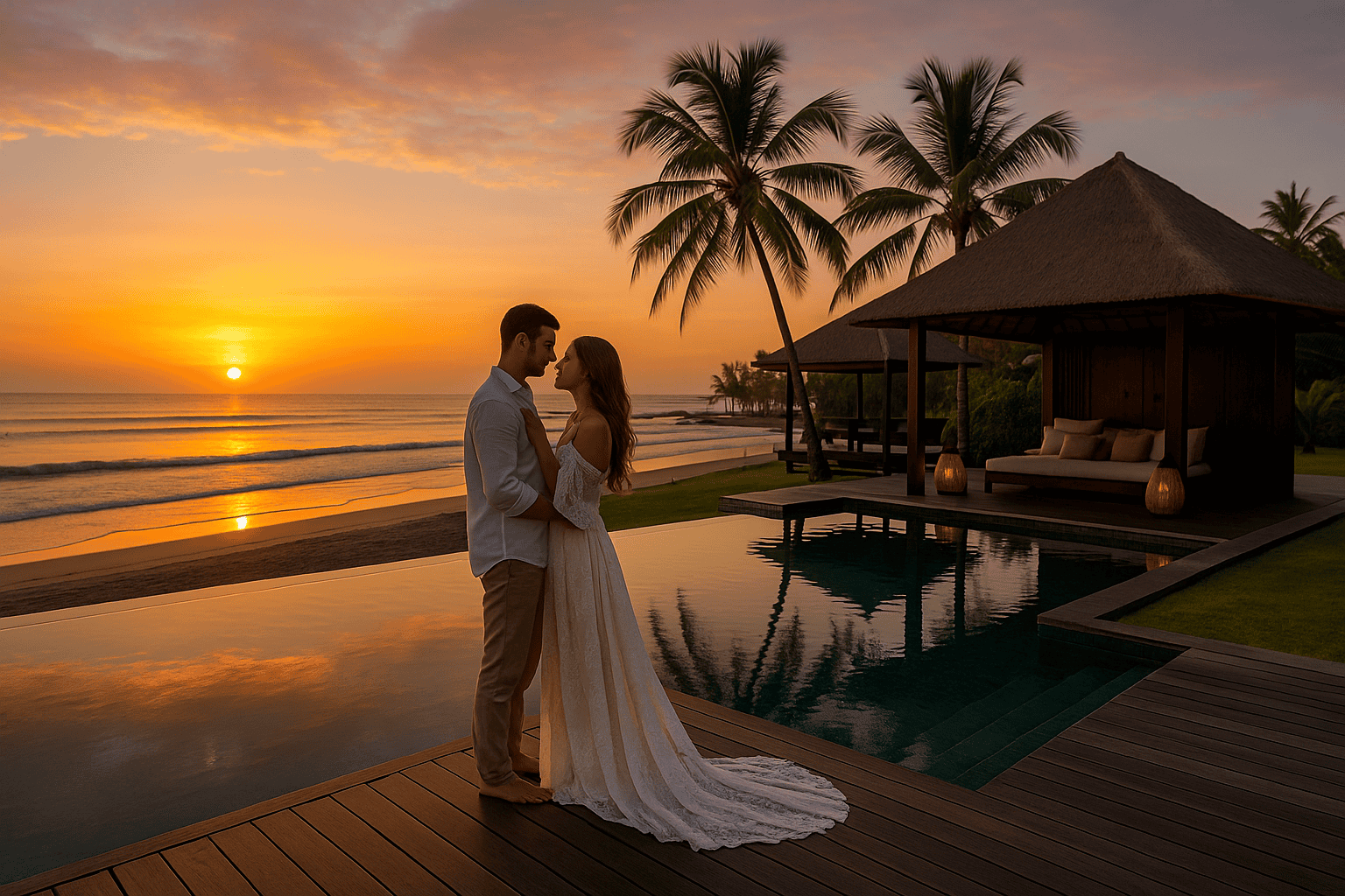 Pasangan menikmati momen romantis di Toro99 Resort Bali dengan pemandangan laut saat matahari terbenam.