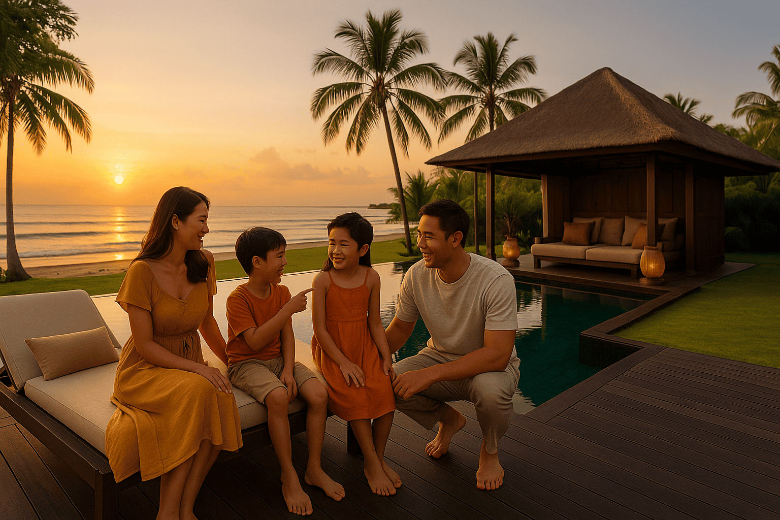 Keluarga bahagia menikmati liburan di Toro99 Resort Bali dengan suasana tropis dan fasilitas mewah.